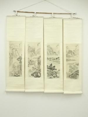 東園筆　四季山水屏　四幅対　肉筆絹本掛軸（箱付）